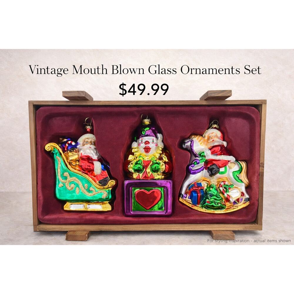 Vintage Museum Thomas Series Glass Christmas Ornaments Set Santa Clown Boxed